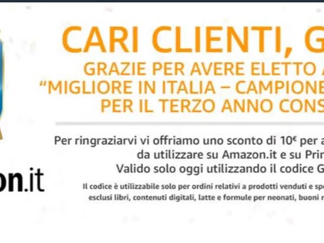 Amazon ringrazia clienti italiani: oggi sconti con iniziativa GRAZIE1000. Ecco come ottenerli